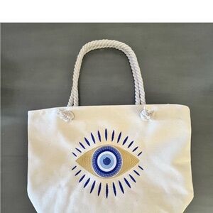 Evil Eye Blue Gold Embroidered Large Protection Bohemian Tan Cream 22" Tote Bag